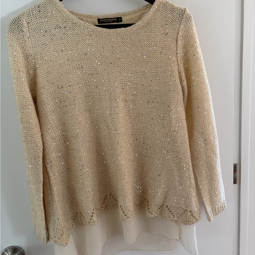 Sequinned Cream Sweater with Layered Hem